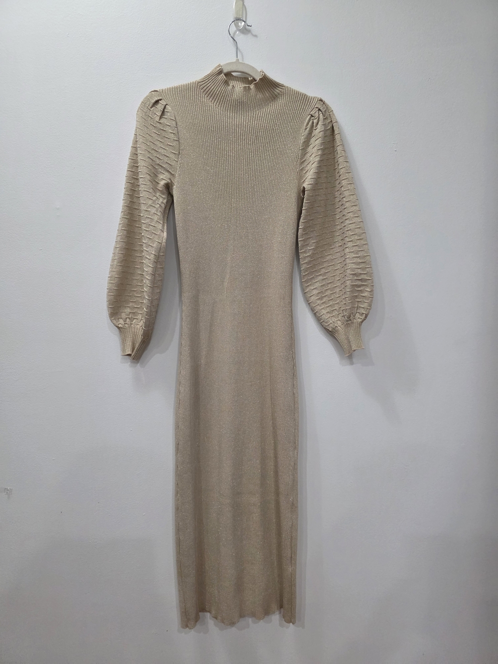 Beige And Gold Ribbed Knit Puff-Sleeve Midi Dress